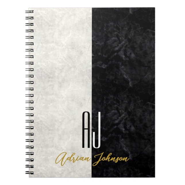 Cuaderno de diario de mármol de oro negro con mono (Frente)