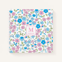 Cuaderno de diario de monograma floral rosa azul