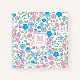 Cuaderno de diario de monograma floral rosa azul
