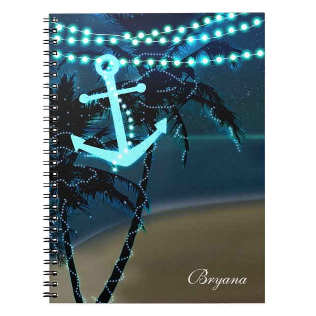 Cuaderno de diario Luces de playa con ancla y palm (Frente)