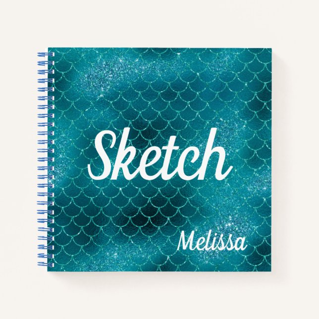 Cuaderno de dibujo con escamas de sirena en azul t (Anverso)