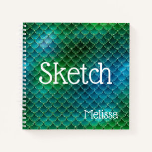 Cuaderno de dibujo de escamas de sirena azul verde