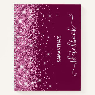 Cuaderno de dibujo femenino con purpurina rosa y v
