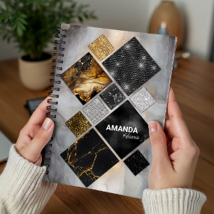 Cuaderno de dibujo geométrico de oro y plata negro
