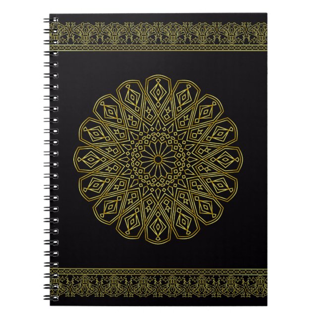 Cuaderno de diseño moderno negro y árabe dorado (Frente)
