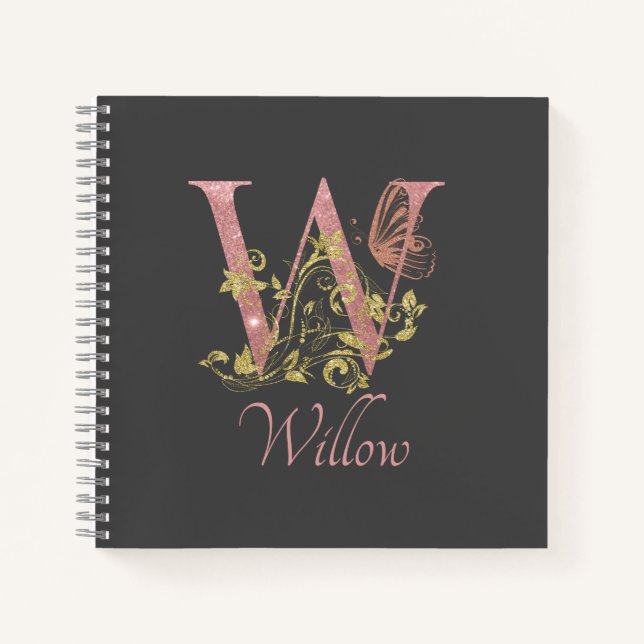 Cuaderno de esbozo W de letra floral Purpurina ros (Anverso)