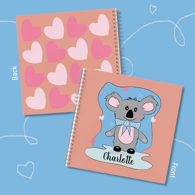 Cuaderno de escritura para niños Koala y Hearts (Cute cartoon koala kid handwriting practice notebook with name .)