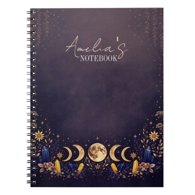 Cuaderno de fase lunar celestial azul marino y dor (Frente)