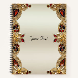 Cuaderno de flores doradas piedra preciosa roja