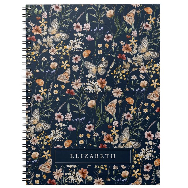 Cuaderno de flores silvestres azul de la marina (Navy Blue Boho Wildflower Notebook by Painted Paperie
)
