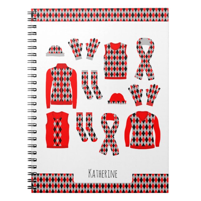 Cuaderno de Fotos con Patrón de Objetos Argyle Roj (Frente)
