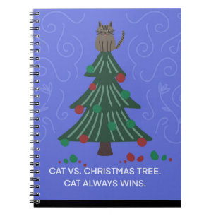 Cuaderno de gato divertido vs árbol de Navidad