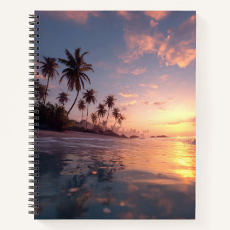 Cuaderno de hermosa puesta de sol sobre agua tranq