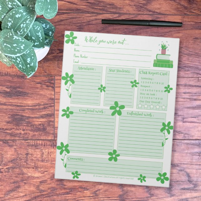Cuaderno de Informe de Sustitución de Planta Verde (While you were out green notepad for teachers .)