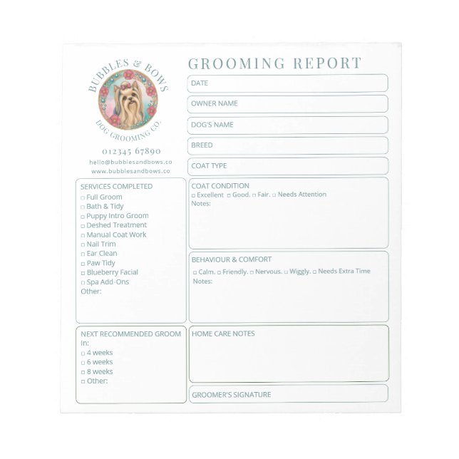 Cuaderno de informes de salón de aseo para Yorkshi (Frente)