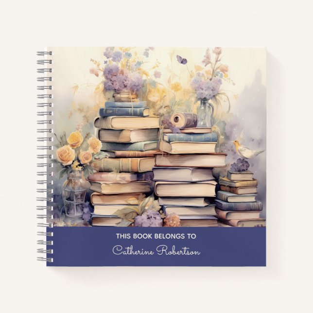 Cuaderno de la pila de libros floral y caprichosa (Anverso)