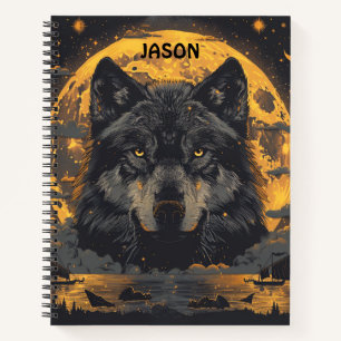 Cuaderno de lobo luna llena estrellas composición