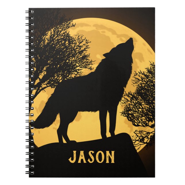 Cuaderno de lobo negro y amarillo y luna llena (Frente)