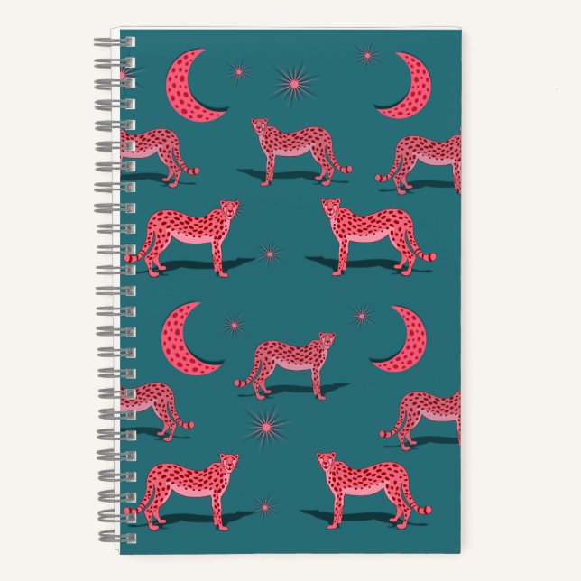 Cuaderno de lunares rosados y guepardos boho azul  (Anverso)