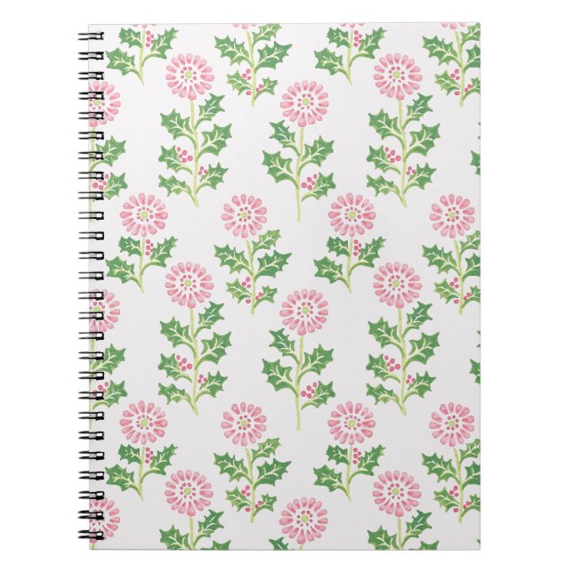 Cuaderno de margarita rosa y acebo Blanco Botánico (Frente)