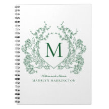 Cuaderno de monograma con cresta floral verde clás