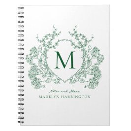 Cuaderno de monograma con cresta floral verde clás
