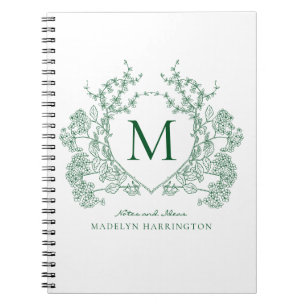 Cuaderno de monograma con cresta floral verde clás