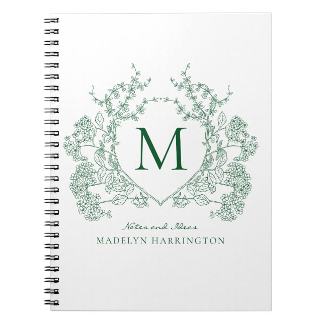 Cuaderno de monograma con cresta floral verde clás (Frente)