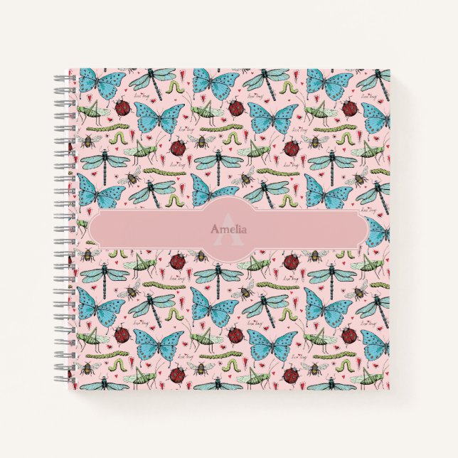 Cuaderno de monograma de insecto rosa rubor  (Anverso)