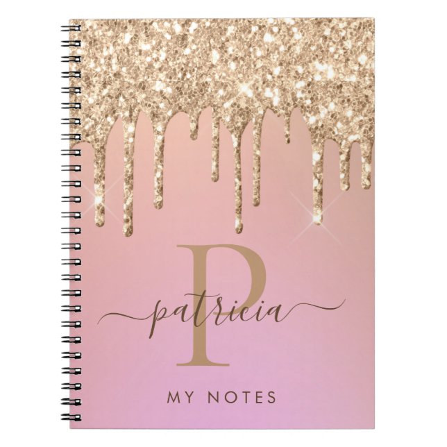 Cuaderno de monograma elegante con gotas de brillo (Frente)