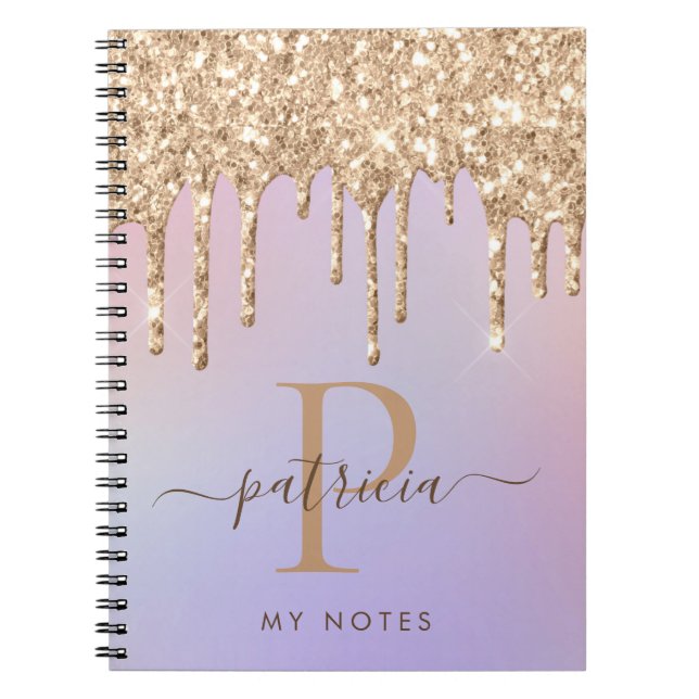 Cuaderno de monograma elegante con gotas de brillo (Frente)