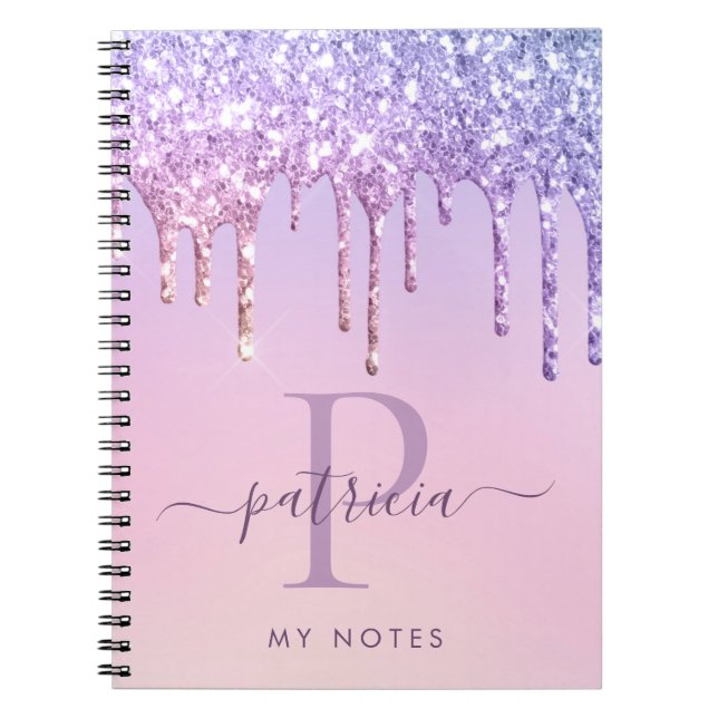 Cuaderno de monograma elegante con gotas de purpur (Frente)