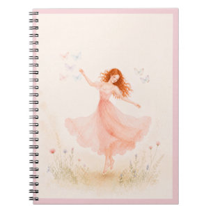 Cuaderno de niña bailando en un prado de flores si