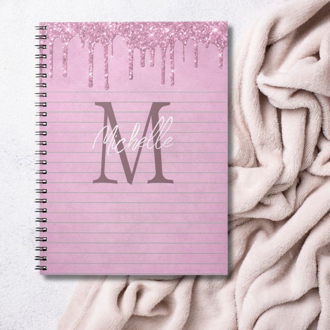 Cuaderno de niña con brillo rosa y nombre monogram (Monogram Name Initial Pink Dripping glitter personalized girly notebook)