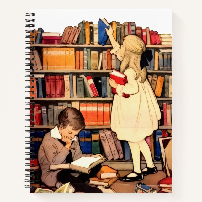 Cuaderno de niños antiguos leyendo libros de bibli (Anverso)