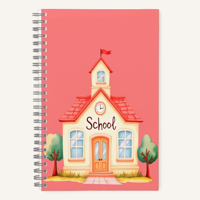 Cuaderno de niños con edificio escolar ilustrado  (Anverso)
