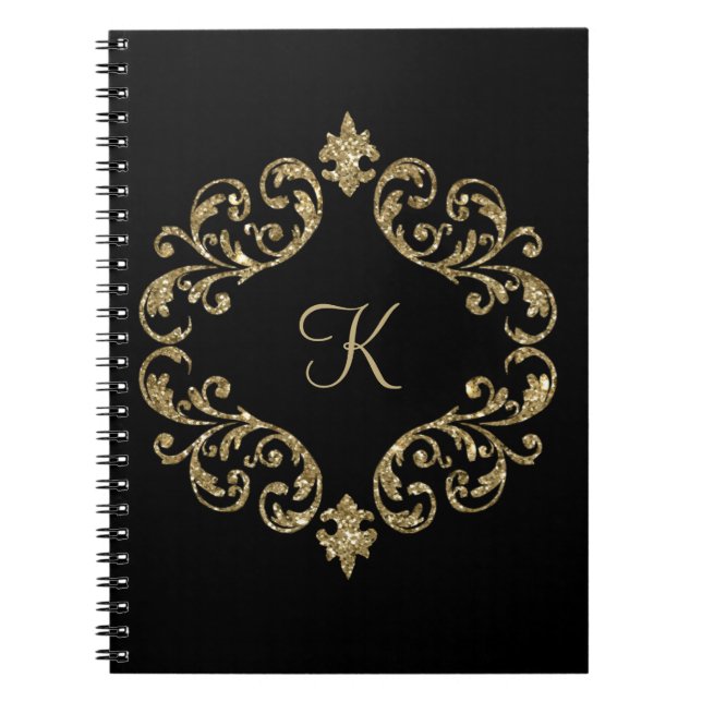 Cuaderno de notas con brillo dorado y negro Monogr (Frente)