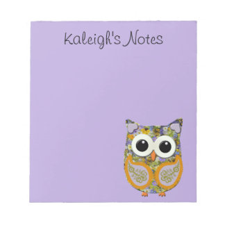 Cuaderno de notas con búho floral morado y amarill