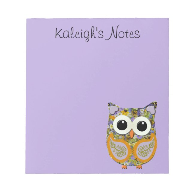 Cuaderno de notas con búho floral morado y amarill (Frente)