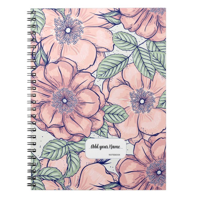 Cuaderno de notas con patrón de flores rosas PERSO (Frente)