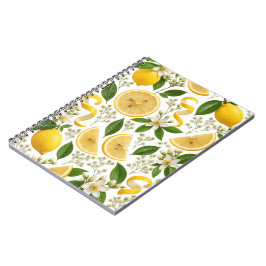 Cuaderno de notas con patrón floral y limón prensa