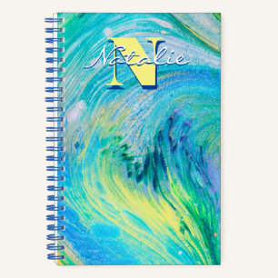Cuaderno de notas en espiral de arte acuático azul