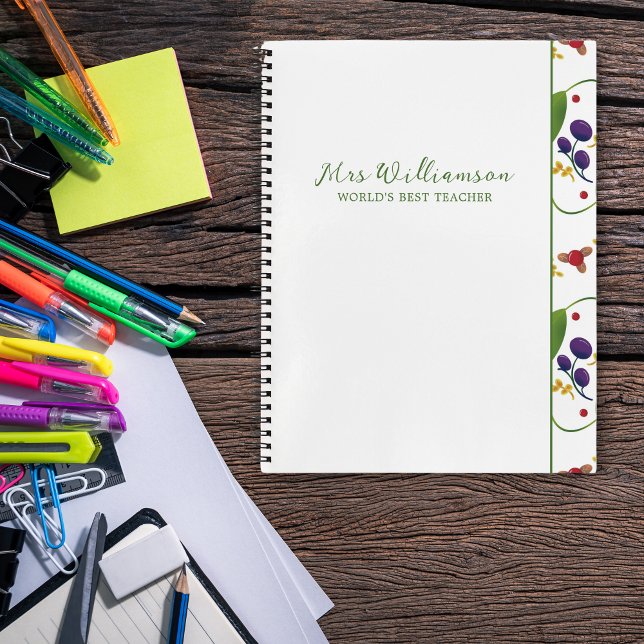 Cuaderno de notas en espiral de profesores de hoja (Bright Modern Berries Pattern Teacher's Spiral Notebook. Say thank you with this personalised gift.)