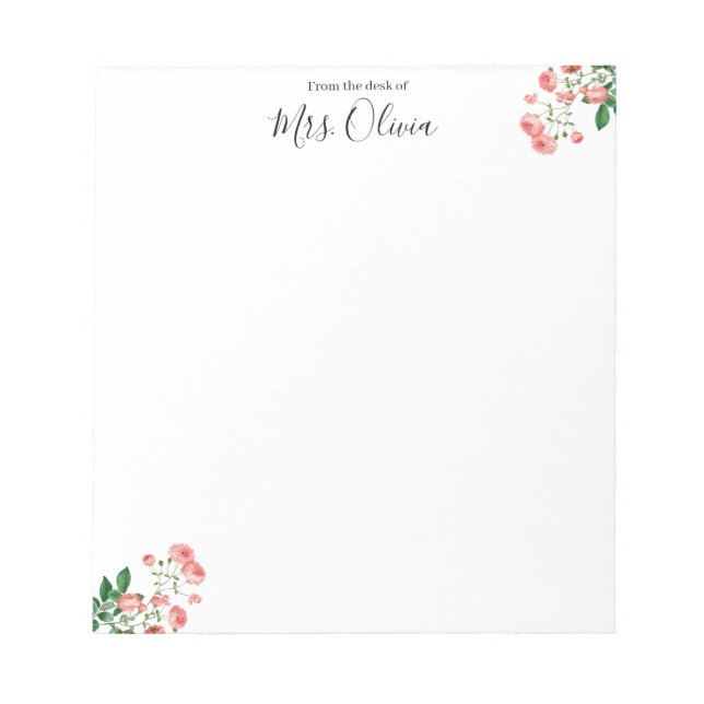 Cuaderno de notas floral rosa para profesores (Frente)
