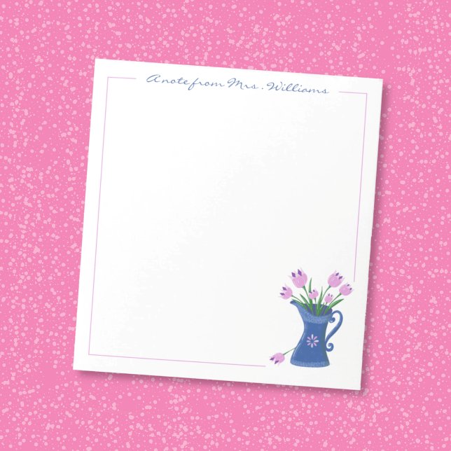 Cuaderno de notas para agradecimiento a maestros (Pretty pink tulip bouquet in a blue jug personalized notepad . )