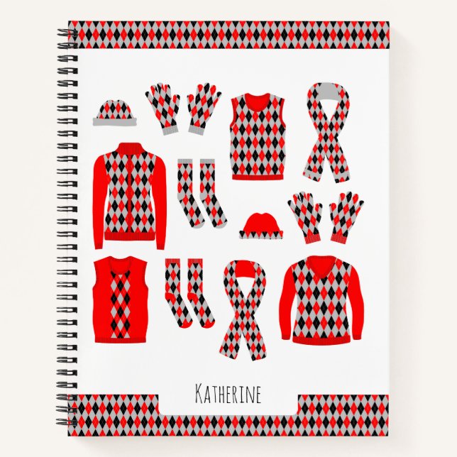 Cuaderno de Objetos con Patrón Argyle Rojo (Anverso)