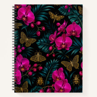 Cuaderno de orquídea rosa y mariposa dorada