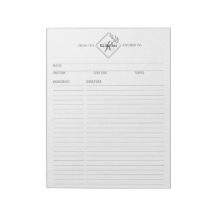 Cuaderno de páginas de recetas de monograma limpio