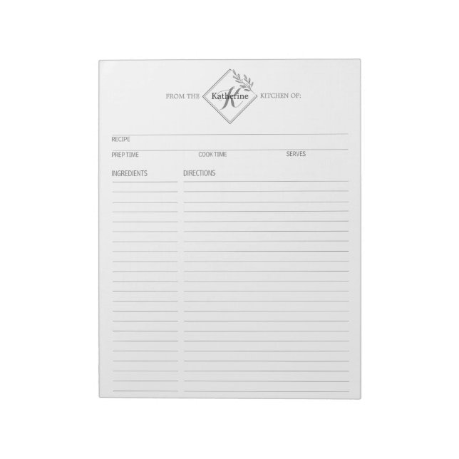 Cuaderno de páginas de recetas de monograma limpio (Lado Izquierdo)