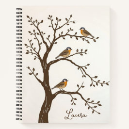 Cuaderno de pájaros lindos en un árbol